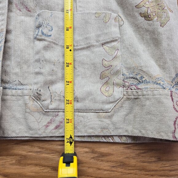 Chico's Design Denim Jacket Size 2 Women's Medium Beige Oriental Print Stretch - Picture 10 of 10